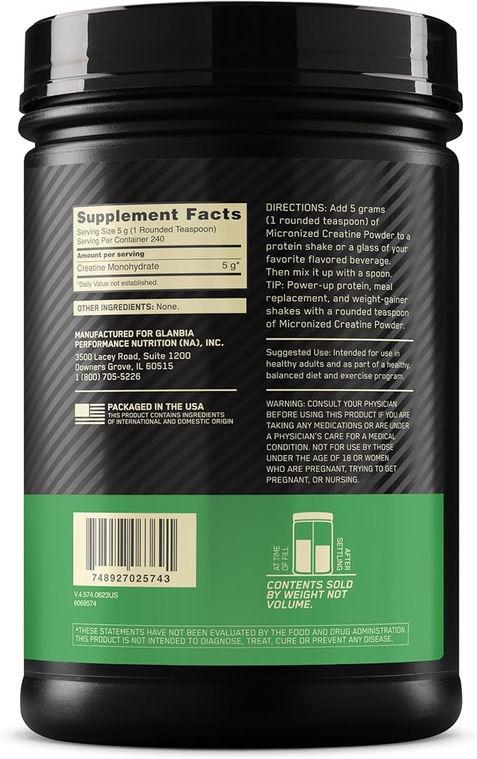 Optimum Nutrition Micronized Creatine Monohydrate Powder, Unflavored, 240 Servings, 1200 Grams (Packaging May Vary)