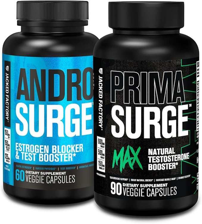 Jacked Factory Androsurge Estrogen Blocker & Natural Testosterone Booster for Men (60 Capsules) & Primasurge Max Mens Testosterone Booster (90 Capsules)