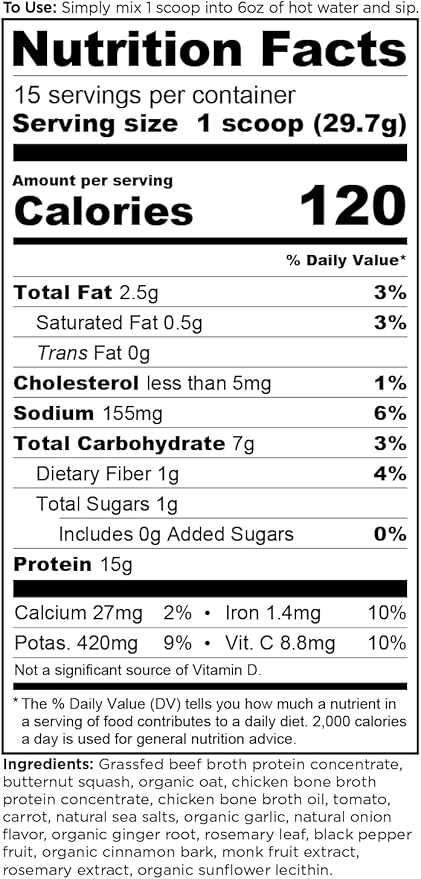 Ancient Nutrition Bone Broth Protein Powder, Butternut Squash, Grass-Fed Chicken and Beef Bone Broth Powder, 15g Protein Per Serving, Supports a Healthy Gut, 15 Servings
