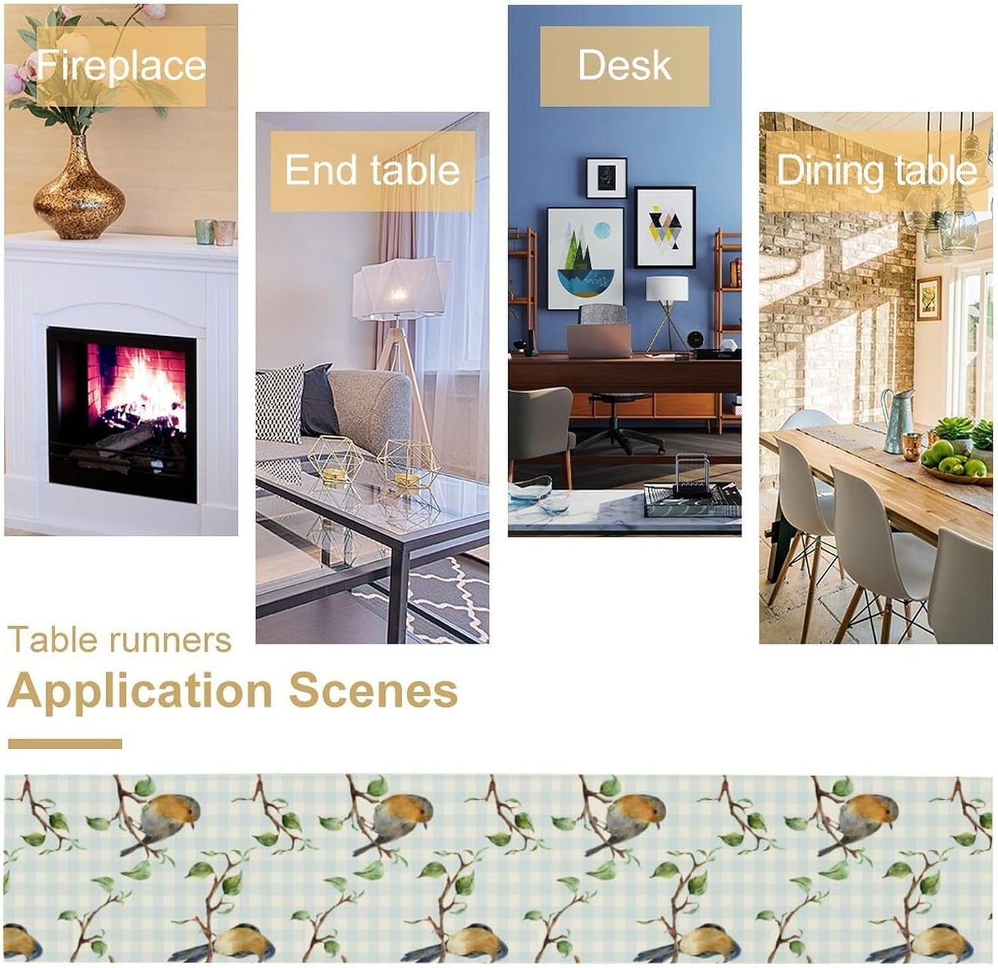 Bird Table Runner,Spring Birds Tree Blue Plaid Print Table Runner for Kitchen Dining Table Decoration Home Party Decor 13x120 Inch