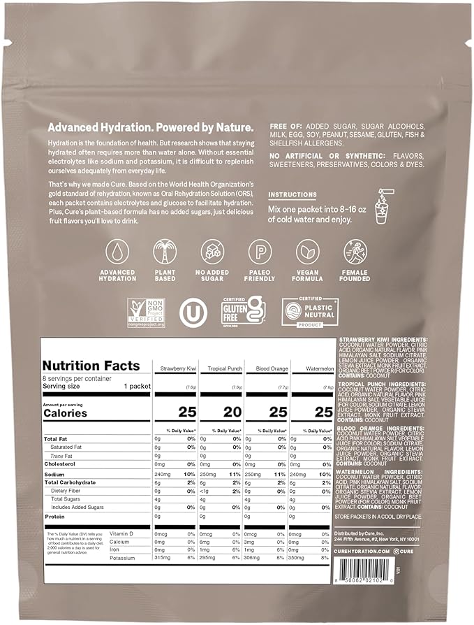 Cure Hydration | Plant-Based Electrolyte Drink Mix | No Added Sugar | FSA-HSA | Dehydration Relief Powder Made with Coconut Water | Non-GMO | Vegan | 8 Packets - Tropical Variety Pack