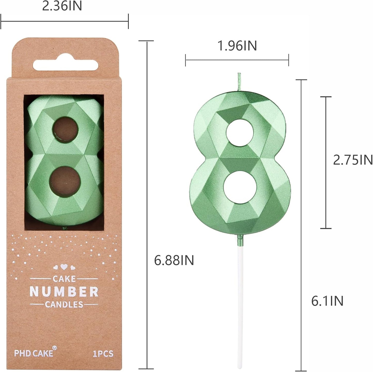 PHD CAKE 2.76 Inch Crystal Green 8 Number Cake Candle, Numeral Birthday Candles, Green Number Candles, Party Celebration