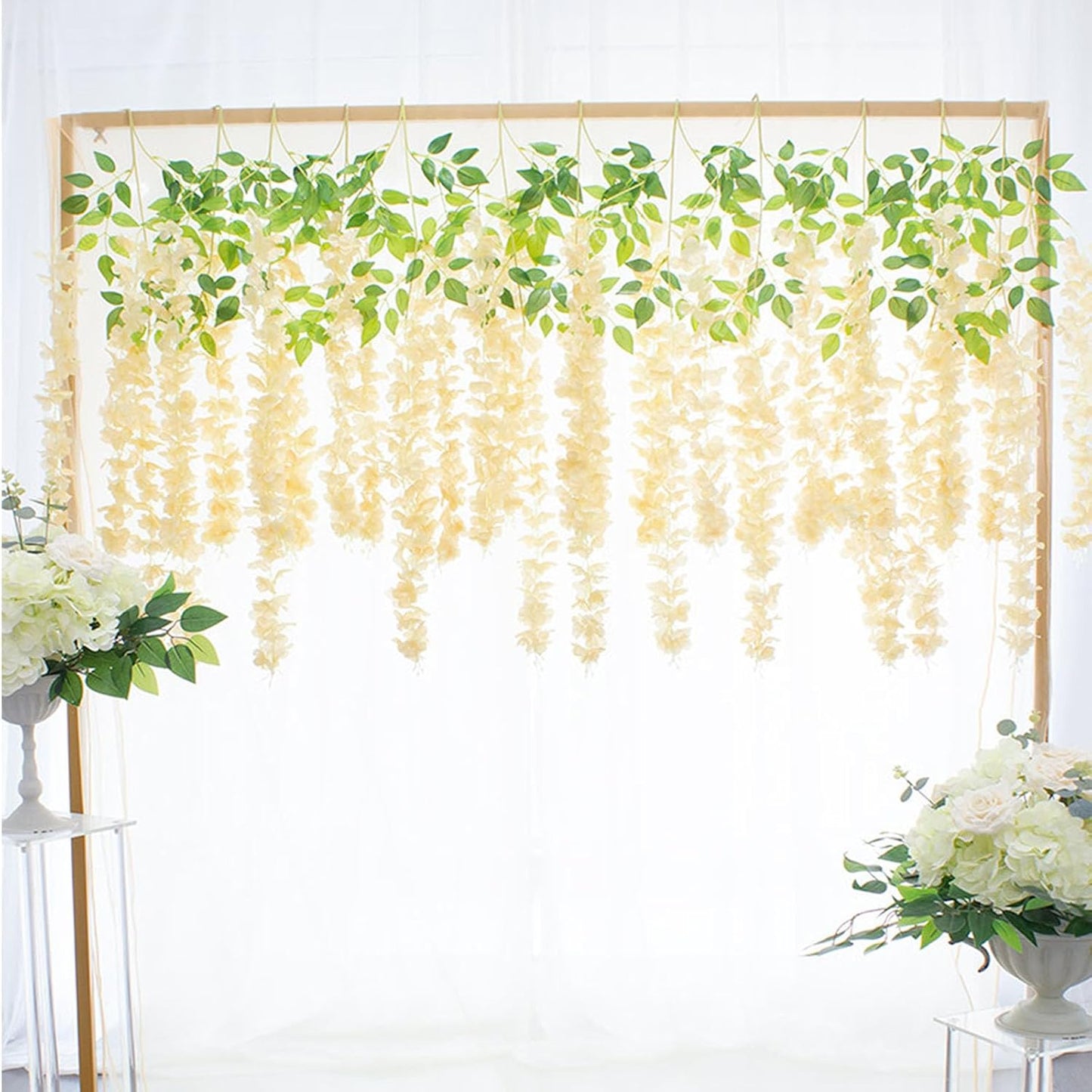 12 Pack Champagne Wisteria Hanging Flowers Garland with Lights, 3.44 Feet Artificial Flower Vines, Fake Wisteria, Artificial Vines Hanging Garland for Backdrop Outdoor Patio Garden Decor