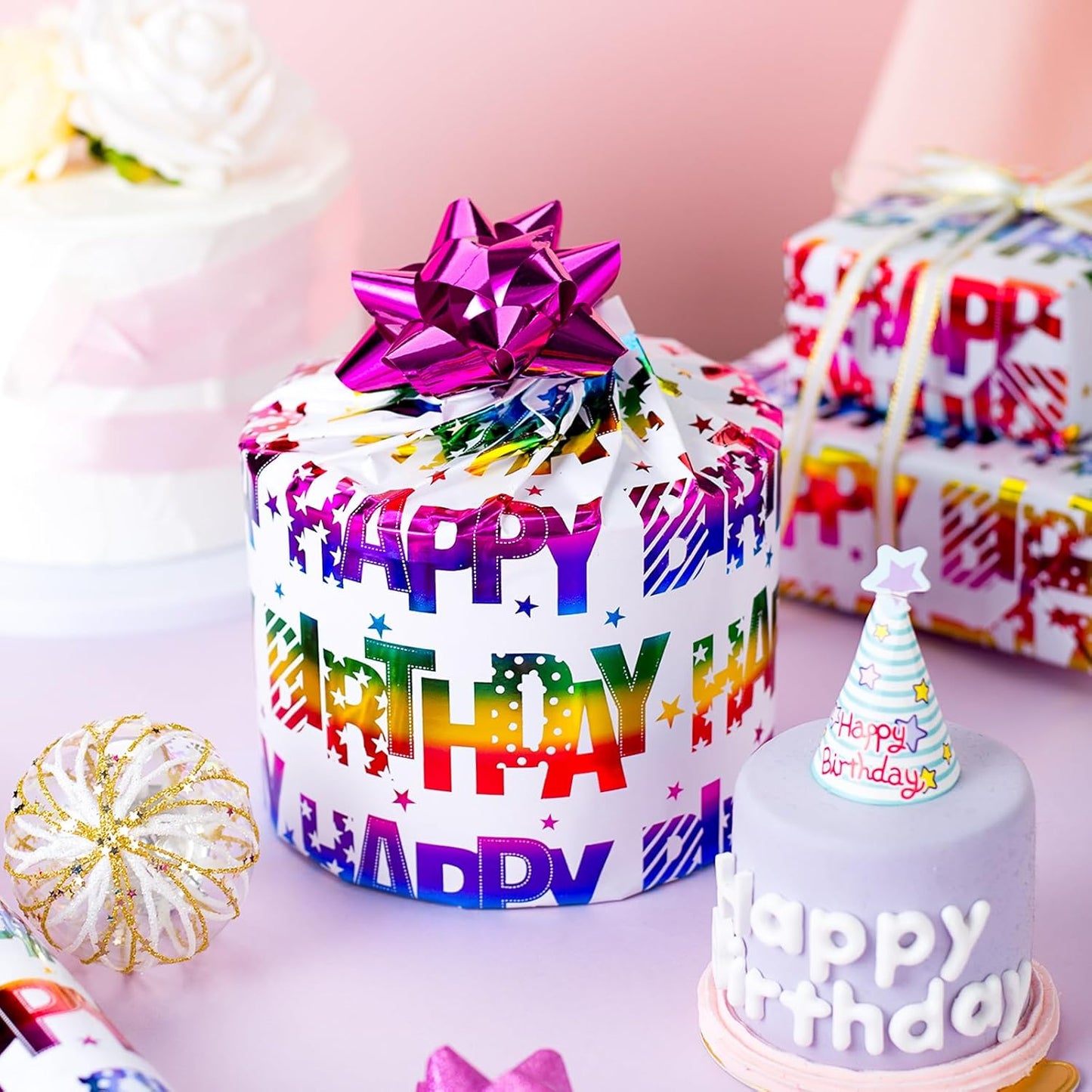 Yarcony Birthday Wrapping Paper Roll, Mini Roll Gift Wrapping Paper, Colorful Foil Girl Happy Birthday Gift Wrap Rainbow Present Paper for Boys Girls, Holiday,Party,Baby Shower(17 Inch X 16.5 Feet)