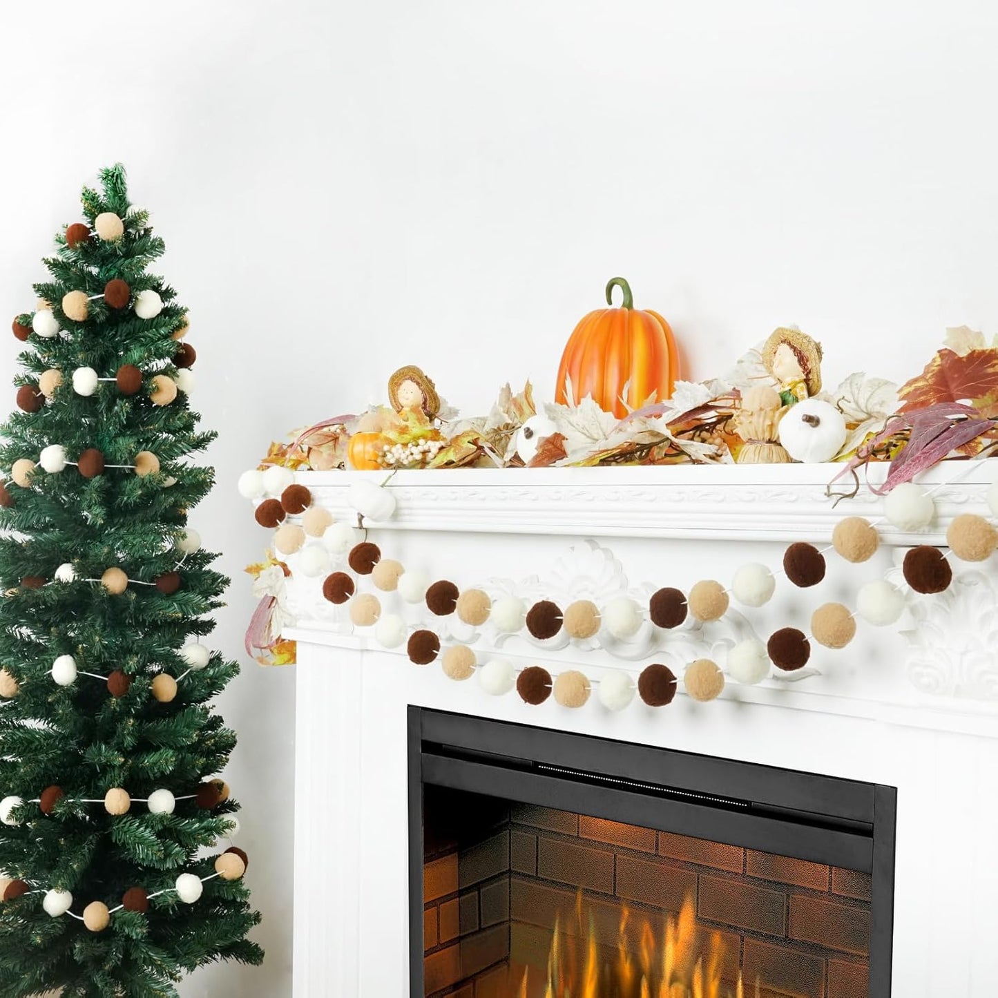 TBD Decor 2pk Pom Pom Garland 13FT Colorful Large Felt Ball Garland Fall Decoration for Mantle,Indoor Holiday Wedding Birthday Party Supplies(White Brown,4cm)