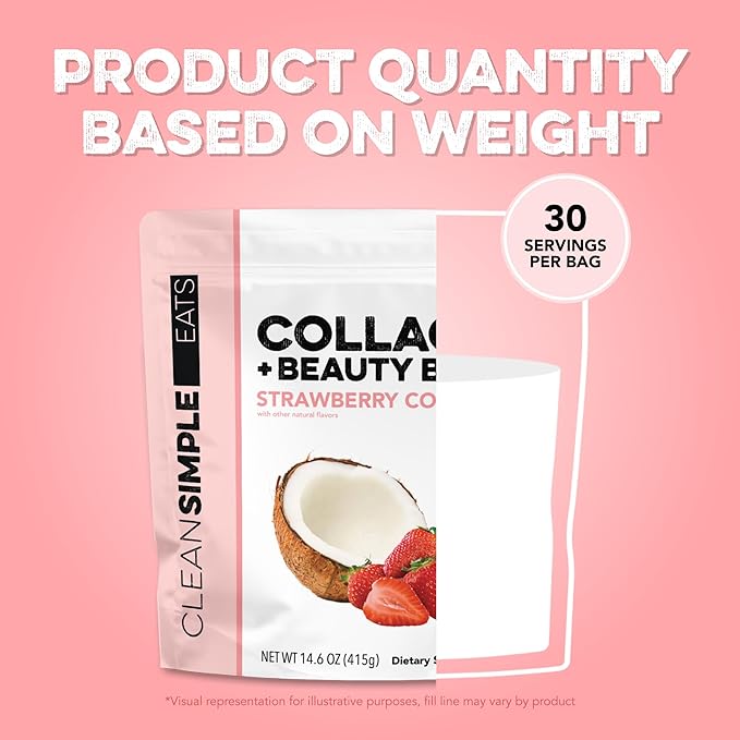 Clean Simple Eats Collagen Powder + Beauty Blend, Strawberry Colada, Hydrolyzed Collagen Peptides from Grass Fed Bovine & Chicken, Hyaluronic Acid for Hair, Skin, Nail & Joint Support, 30 Servings