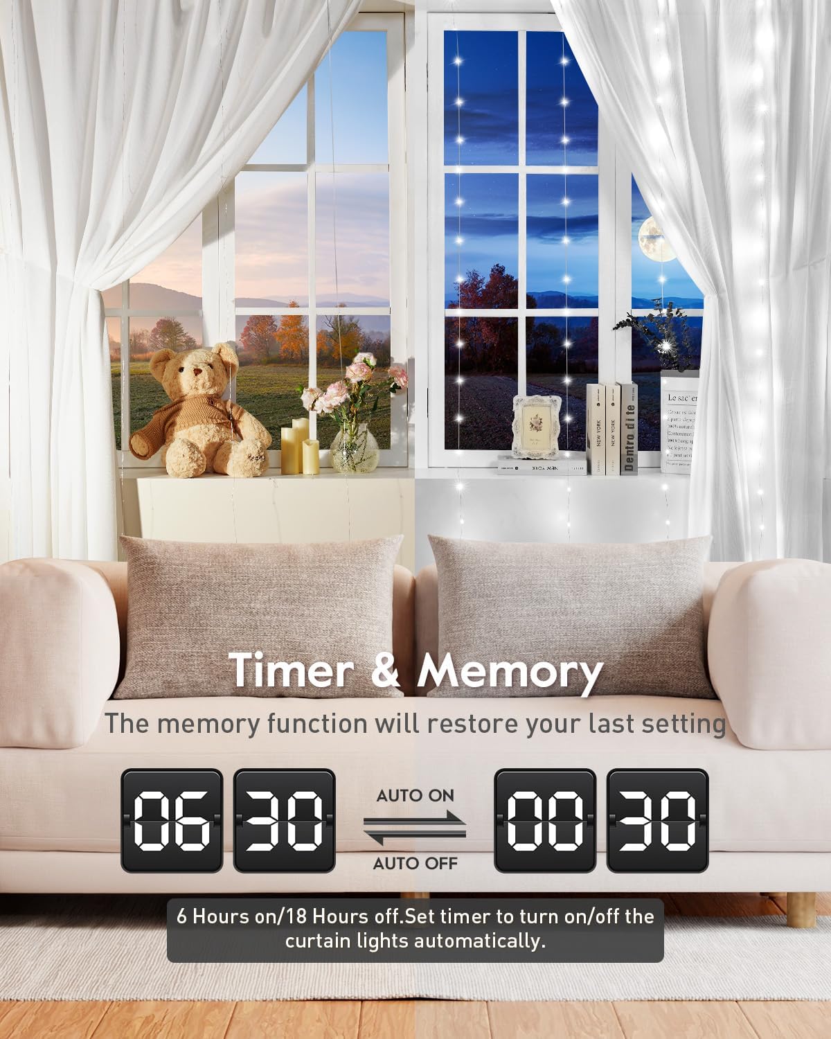 Brightown Smart Curtain String Lights - 9.8ft 300 LED Fairy Light with APP Remote, 8 Modes, USB Powered Waterproof Christmas for Bedroom Wedding Party, White