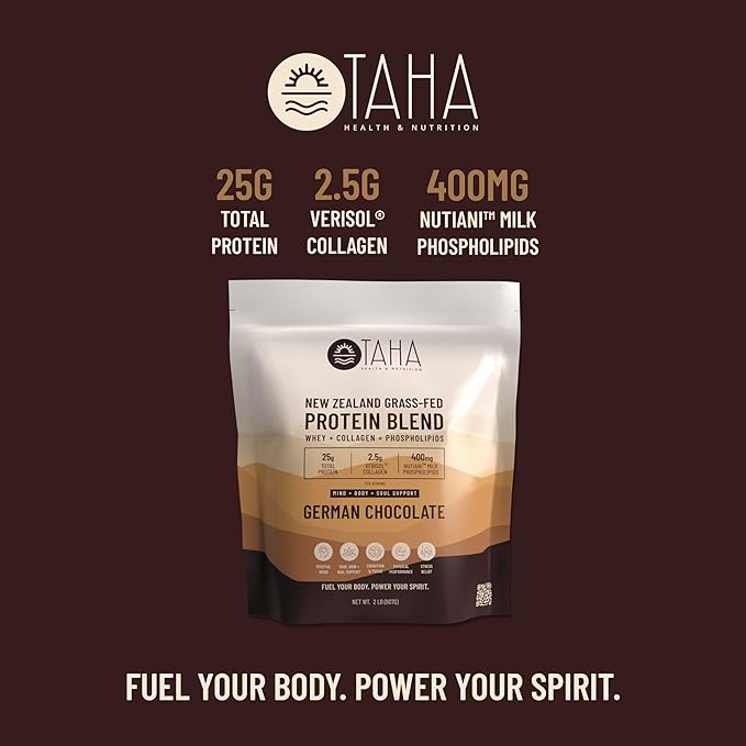 Taha Health & Nutrition Mind + Body Protein Blend – German Chocolate | 25g Protein from Whey & Collagen + 400mg Milk Phospholipids | Grass-Fed, Free-Range New Zealand Dairy | 2LB
