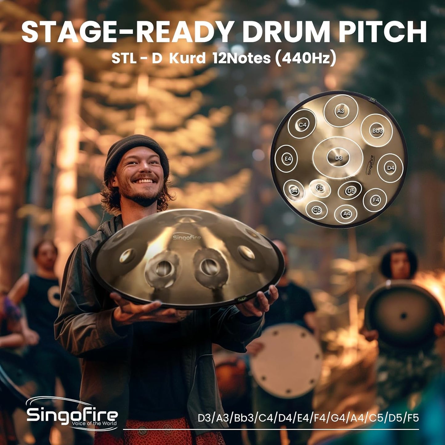 "SINGOFIRE" 12-Notes Handpan Drum, Handpan Drums for Adults, 22-Inch 440Hz D Minor Kurd Handpan, HandPan Instrument with Soft Handpan Bag, 2 Handpan Mallets, Handpan Stand and Dust-Free Cloth(Gold)