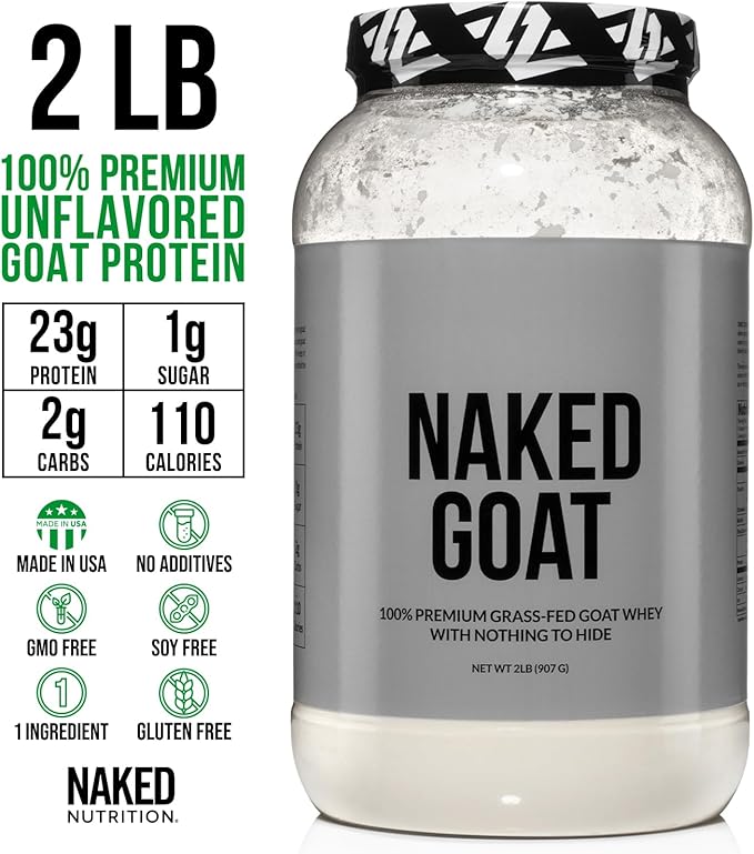 NAKED Goat - Pasture Fed Goat Whey Protein Powder from Small-Herd Wisconsin Dairies, 2Lb Bulk, GMO Free, Soy Free. Easy to Digest - All Natural - 23 Grams of Protein - 30 Servings