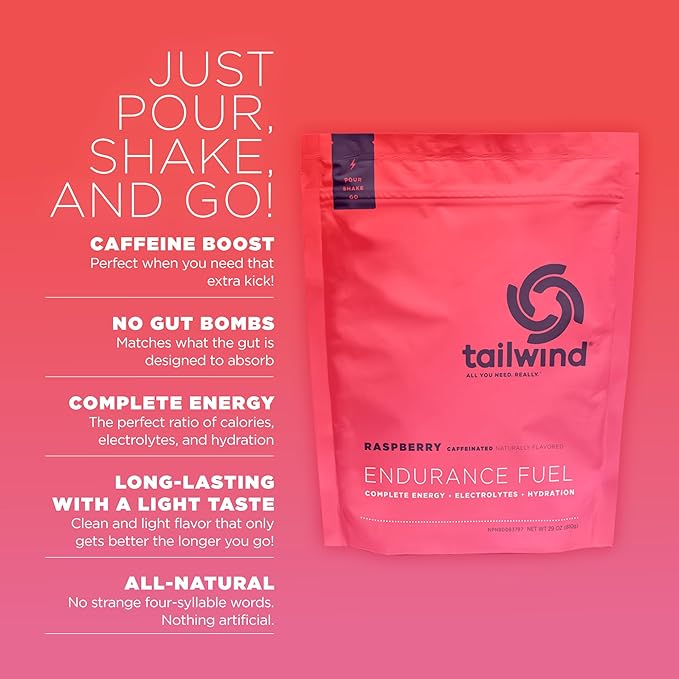 Tailwind Nutrition Endurance Fuel, Carbohydrate & Electrolyte Sports Drink Mix Powder, Gluten-Free, Vegan, Raspberry Buzz, 30 Servings (Caffeinated)