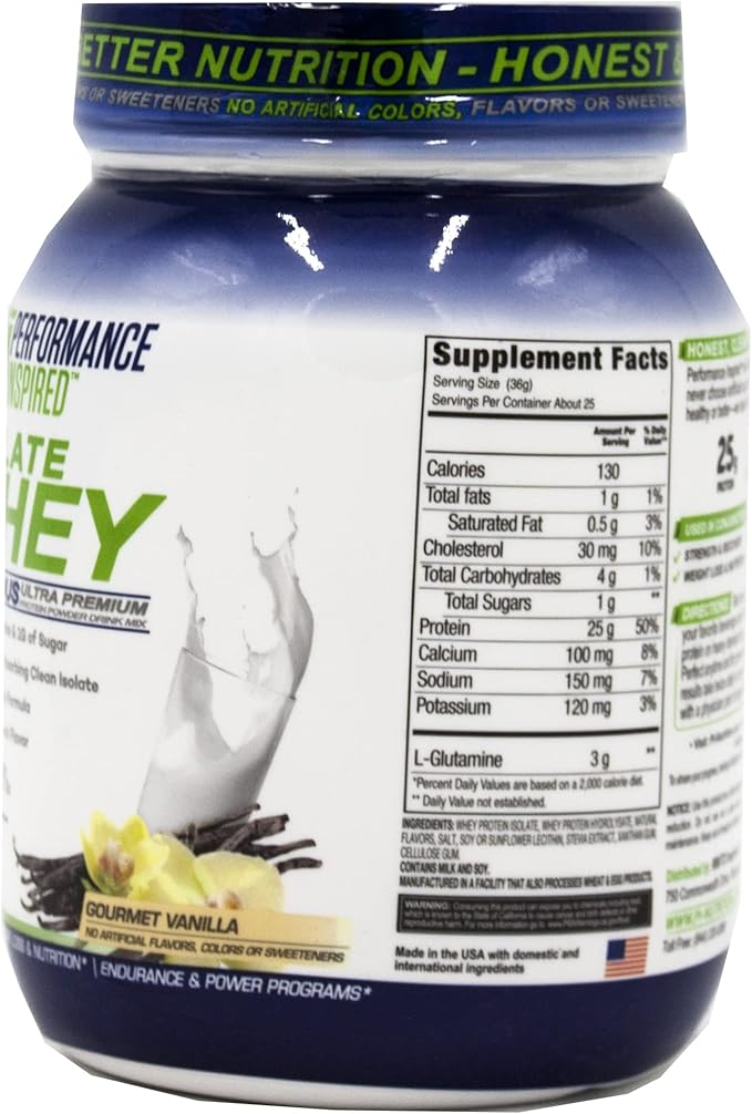 Performance Inspired Nutrition Isolate Whey Protein Powder - All Natural - 25G - Fast Absorbing & Clean - Added L-Glutamine - Contains BCAAs - Vanilla - 2lbs