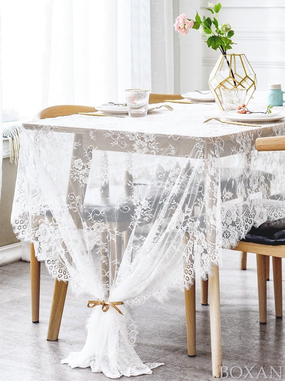 BOXAN 60x120 Inch Gorgeous White Lace Tablecloth Overlay Rose Vintage Embroidered, Romantic Boho Wedding Reception Table Decor, Baby & Bridal Shower Décor, Elegant Chic Outdoor Tea Party Tablecover