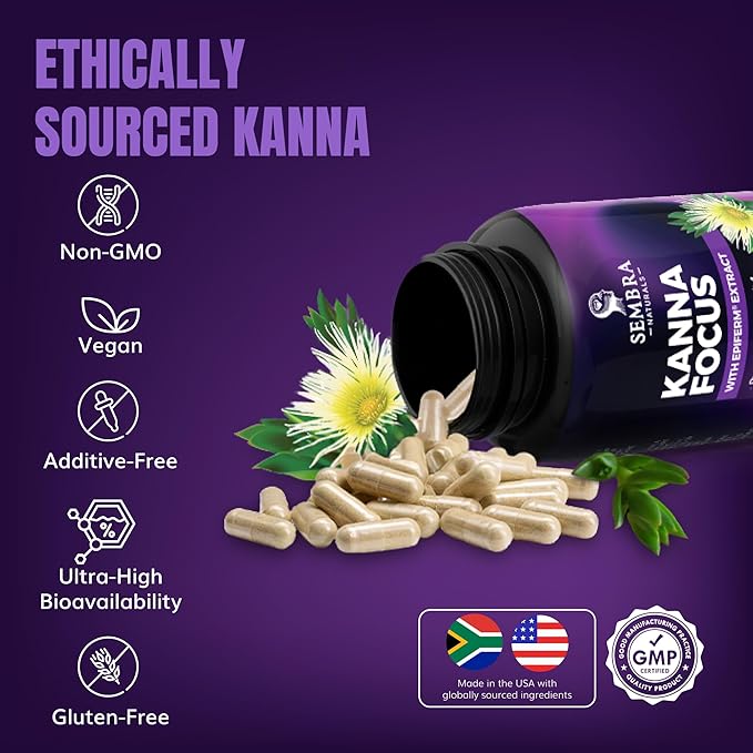 KANNAFOCUS - Natural Kanna Extract Capsules 50mg Kanna Supplements with Sceletium Tortuosum, Bioperine for Enhanced Focus, Motivation & Mental Wellness - 30 Veggie Capsules