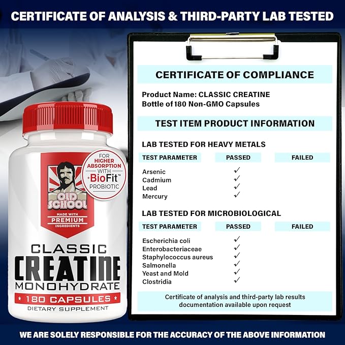 Old School Labs 5000mg Creatine Monohydrate Capsules With BioFit™ (Max Strength) Supports Muscle Growth & Recovery, Performance, Cognitive Health - Creatine Pills for Men & Women, Made in USA 180 Caps