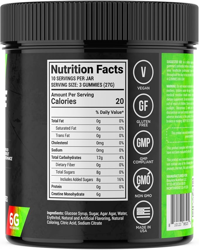 Bounce Pro Creatine Monohydrate Gummies for Men & Women, Low Calorie, 6G of Creatine per Serving, Vegan, Anti-Melting, Gluten-Free, Non-GMO, 2g of Creatine per Gummy (30ct, Cherry Lime)