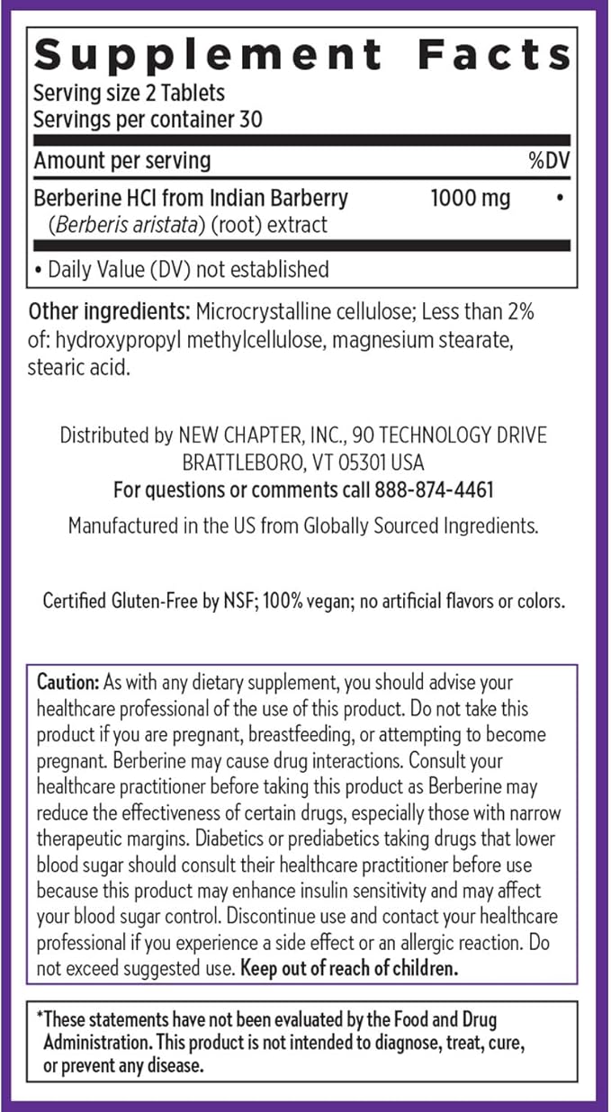New Chapter Berberine Supplement - Super-Potent Berberine 1000 mg, 30x Concentrated Indian Barberry Extract to Support Metabolic Health + Heart Health + Glucose Support, Vegan, Gluten Free, 60 Count