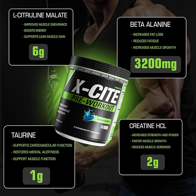 X-CITE Pre-Workout by ATHLEAN-X - Enhanced Formula with Beta-Alanine, Creatine & Caffeine for Energy, Endurance, Focus & Muscle Pump, NSF Certified for Sports (22 Servings, Sour Blue Raspberry)