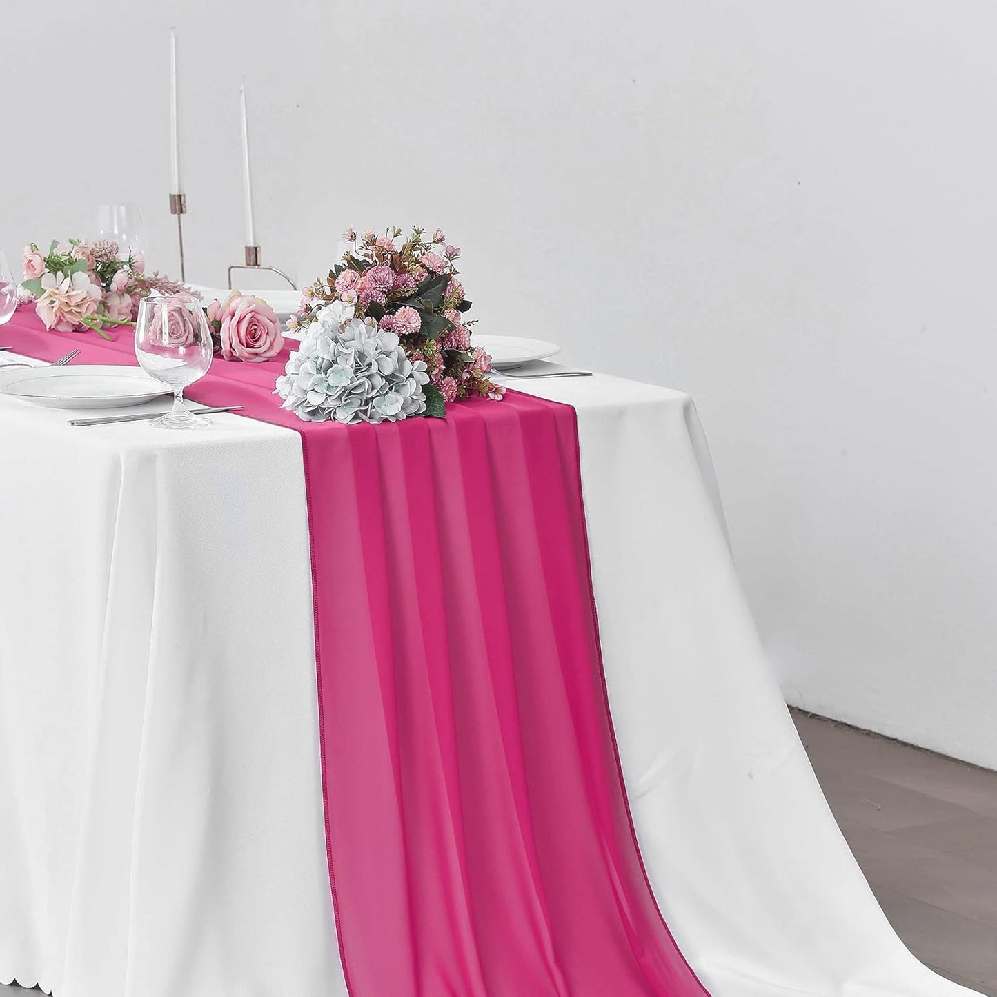 5 Pack 10Ft Fuchsia Chiffon Table Runner Sheer 29x120 Inch for Romantic Wedding Decor Bridal & Baby Shower Birthday Rustic Party Decoration