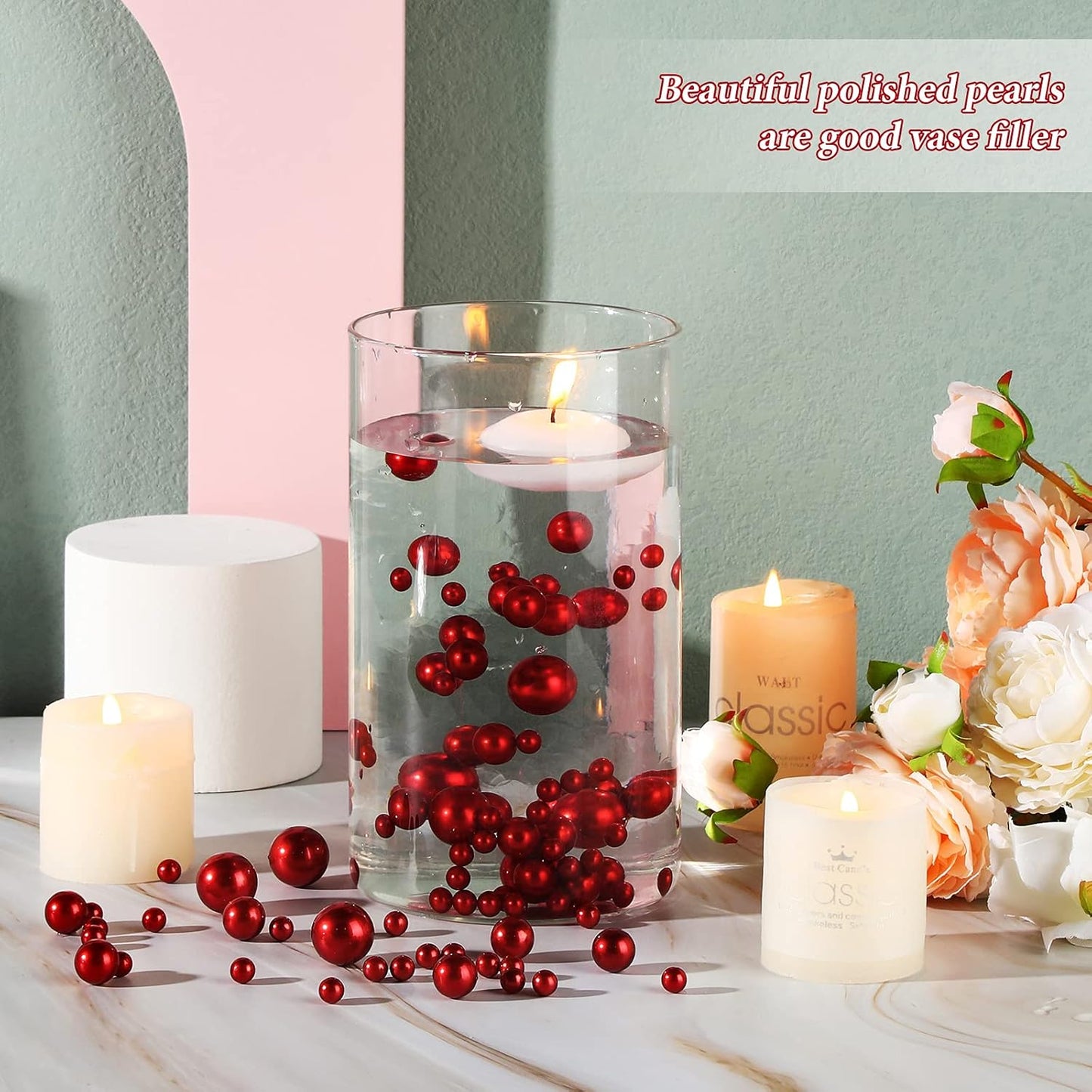 150 Pieces Vase Filler Faux Pearls Vase Makeup Beads No Hole Gloss Bead Mixed Sizes Round Pearl for Home Party Wedding Decor, 8/14/20 mm(Red)