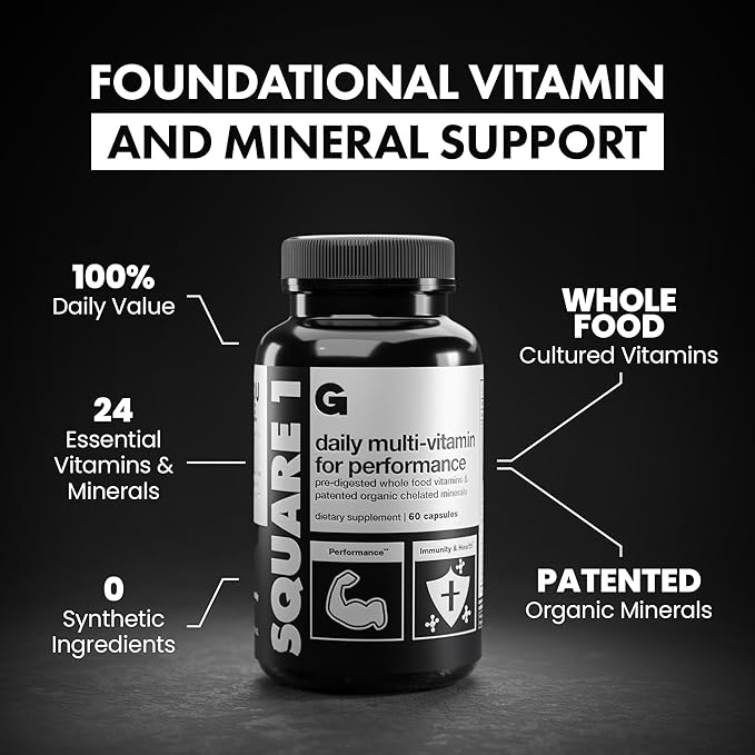 Gains in Bulk Square 1 Multivitamin and Mineral Supplement for Women and Men, Vitamins, Digestive Enzymes and Organic Minerals for Muscle Health, Performance and Immune Support, 60 Capsules