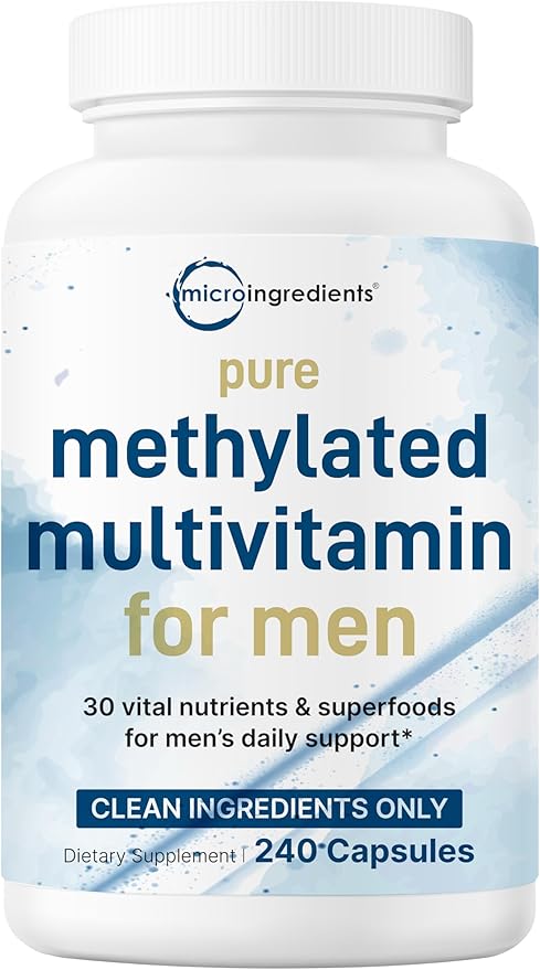 Pure Methylated Multivitamin for Men, 240 Capsules | 30 Key Nutrients with Vitamin C, D, E, B Complex + Methylfolate, lycopene, Saw Palmetto, Ginseng, & Maca | Men’s Daily Support | Filler Free