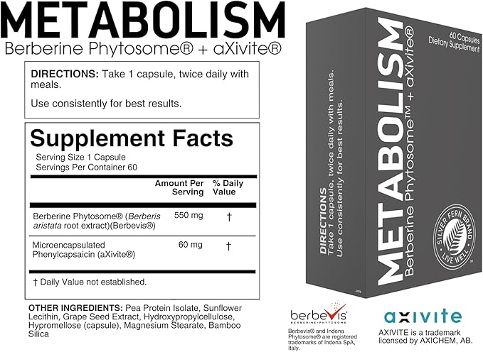 Silver Fern Brand Metabolism Supplement + Berberine Phytosome & aXivite β Supports Function & Wellness β 60 Capsules