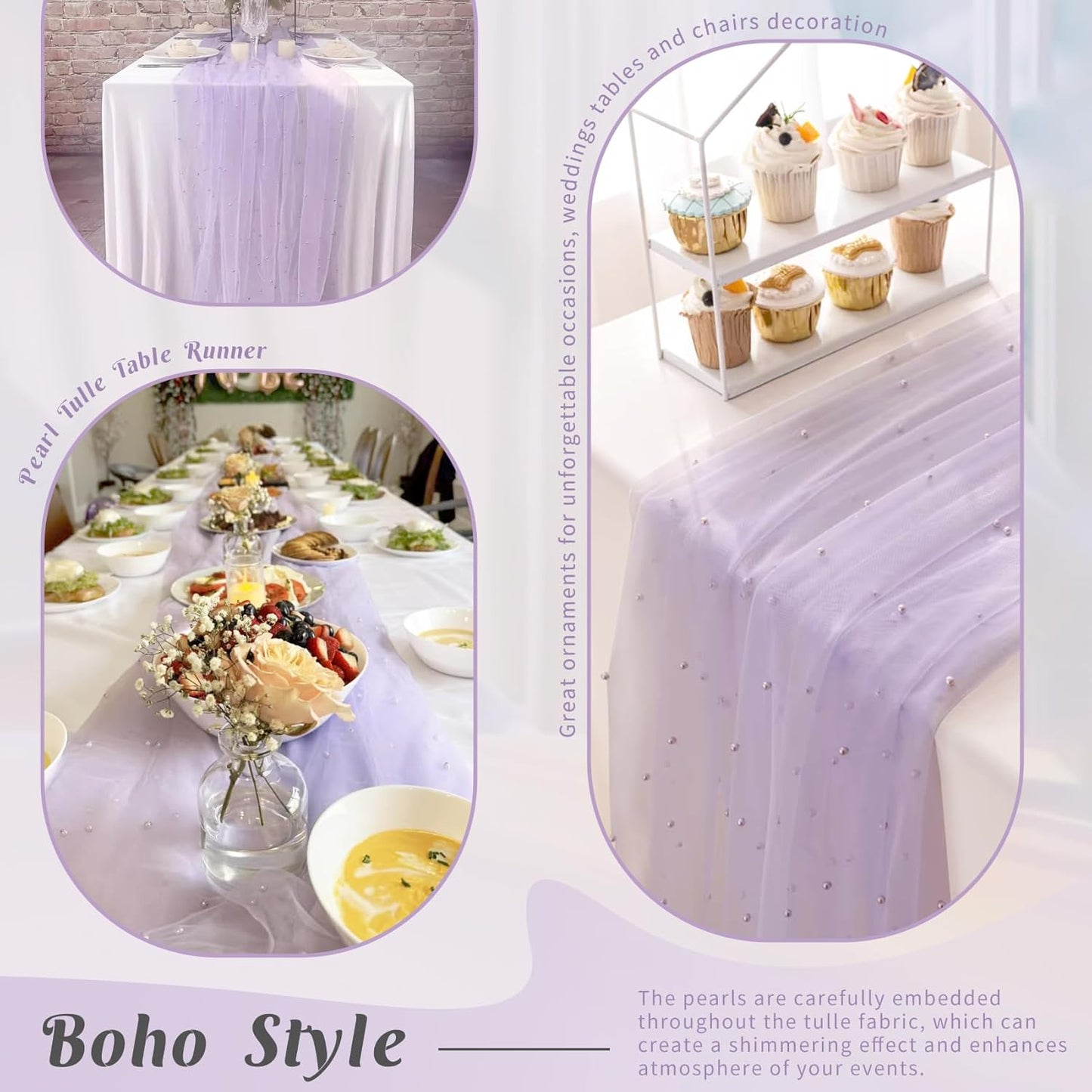 Set of 6 Pearl Table Runner 29 x 120 Inch Tulle Fabric Lace Table Runners Boho Rustic Tablecloth for Bridal Shower Birthday Party Wedding Arch Aisle Veil Dessert Table Decor(Light Purple)