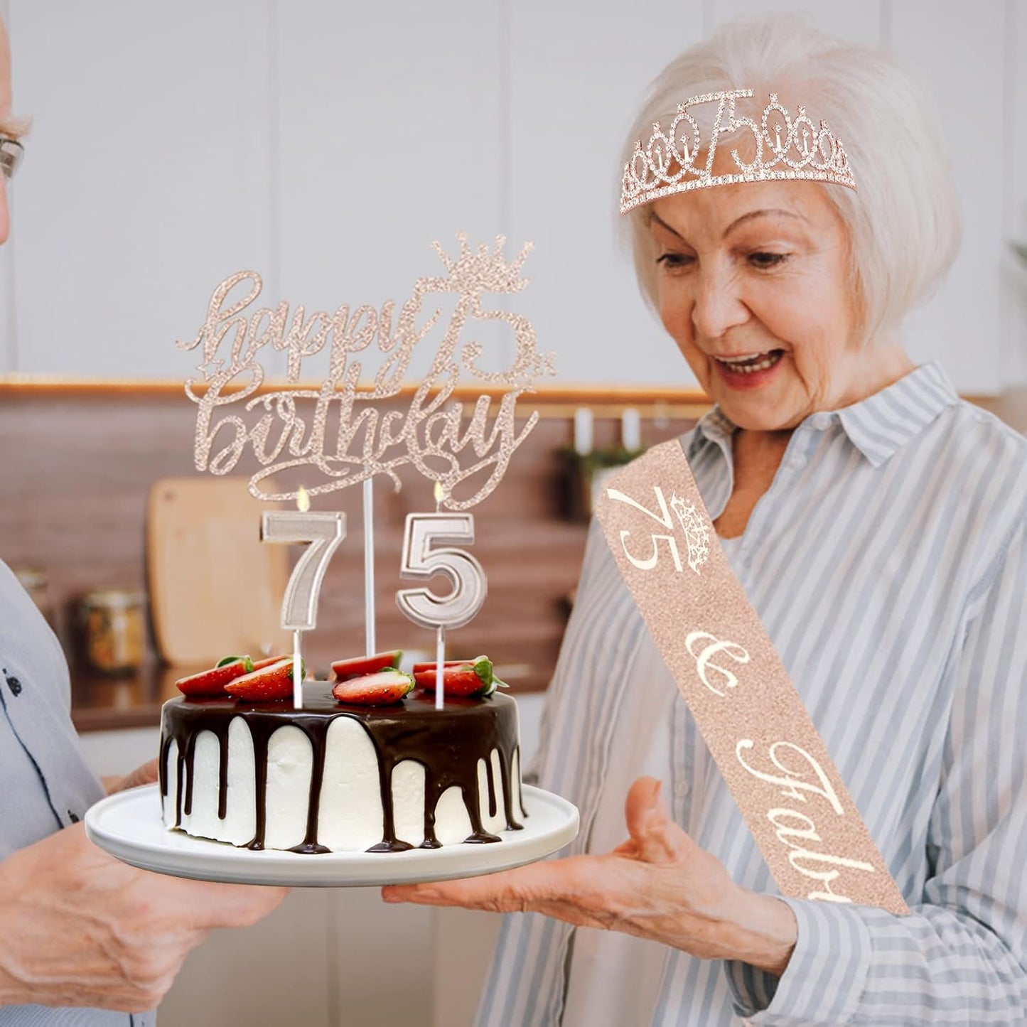 75th Birthday Decorations for Women Including Sash, Crown/Tiara, Candles and Cake Topper, Rose Gold 75 Birthday Gifts Party Favor Supplies