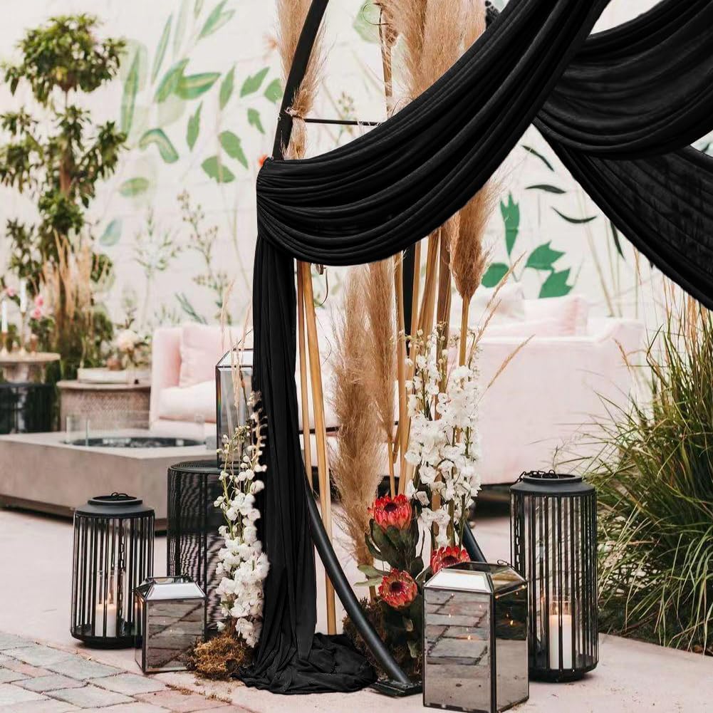Wedding Arch Draping Fabric 2 Panels 30'' x 18FT Black Sheer Chiffon Arch Drapery for Photo Booth Bridal Shower Baby Shower Church Decor Newborn Photography Christening Outdoor Party