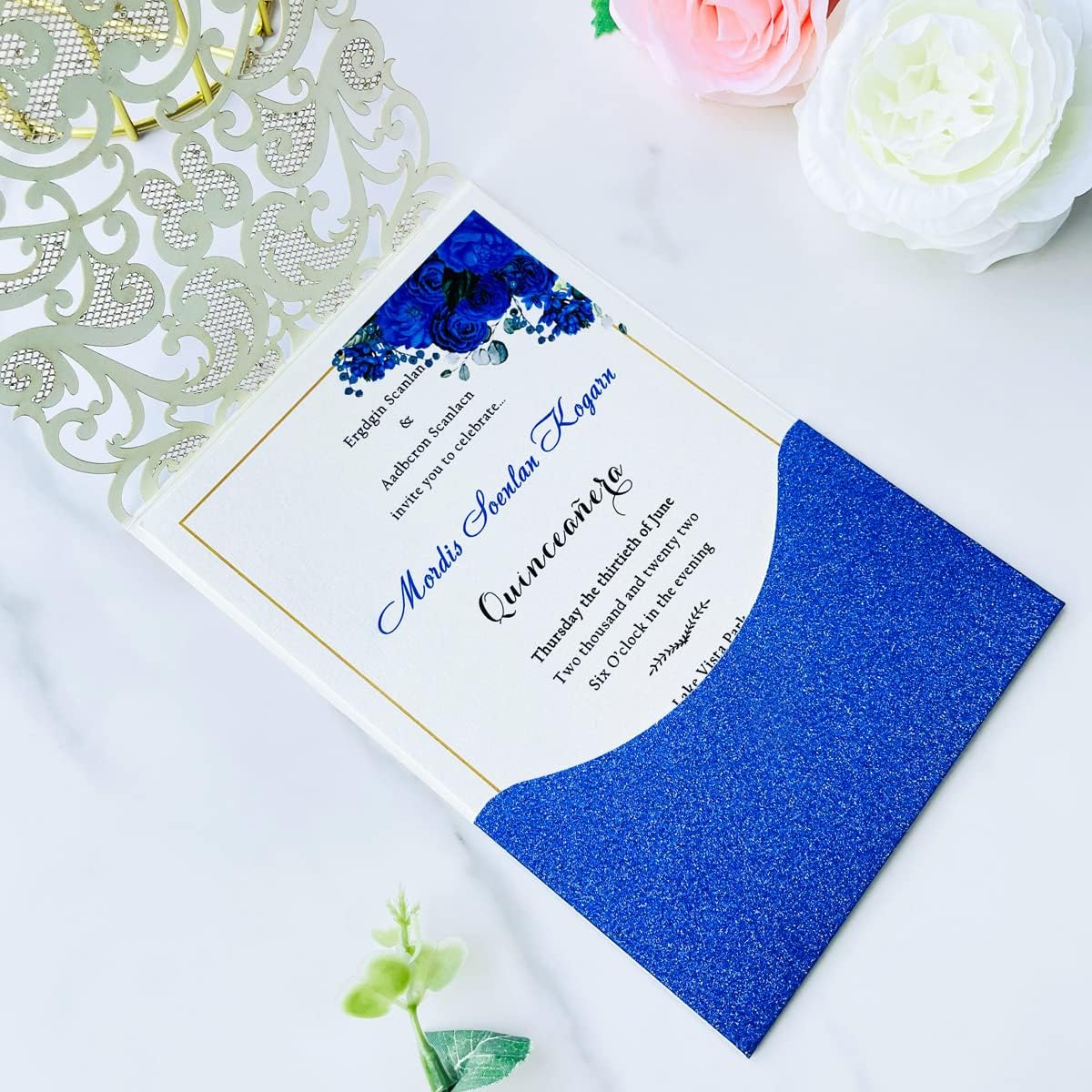 Hosmsua 50pcs Personalized Wedding Invitation Kit 5.12 x 7.3 Inch Royal Blue Laser Cut Flora Rehearsal Wedding Invitations with Envelopes for Quinceañera Bridal Shower Invite