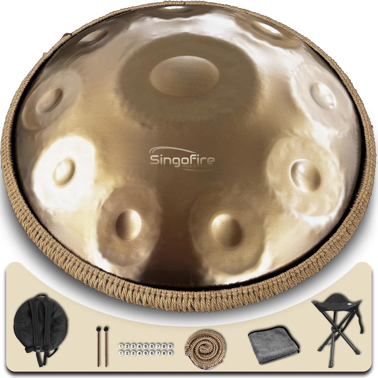"SINGOFIRE" Handpan Drum, Handpan Drums for Adults, 22-Inch 432Hz D Minor Kurd Handpan, HandPan Instrument (Gold-10Notes(432HZ), 22-Inch)