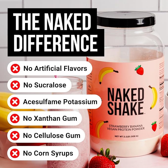 NAKED Shake - Vegan Protein Powder, Strawberry Banana - Flavored Plant Based Protein with Mct Oil, Gluten-Free, Soy-Free, No Gmos Or Artificial Sweeteners - 30 Servings