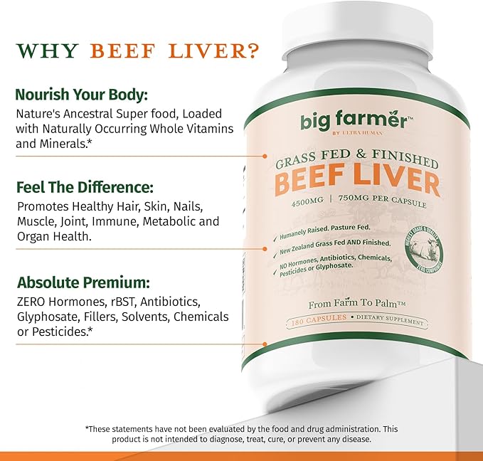 Ultra Human Big Farmer Grass-Fed & Finished Beef Liver Capsules – 180 Ct, Supports Energy, Detox, Digestion & Immunity, Non-GMO Desiccated Beef Organ Supplement for Liver Health & Full-Body Wellness
