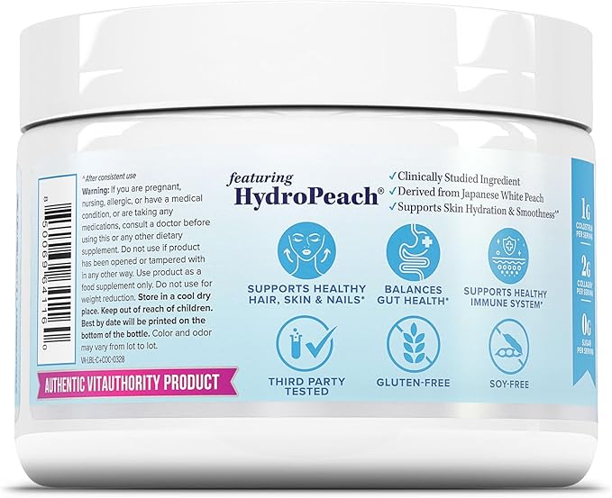 Colostrum Collagen Peptide Protein Powder Hydrolyzed HydroPeach Gut Health, Skin & Immune Support | 1g Bovine Colostrum 2g Collagen Peptides 20mg Peach Ceramides Blend Unflavored 25 Servings, No Sugar