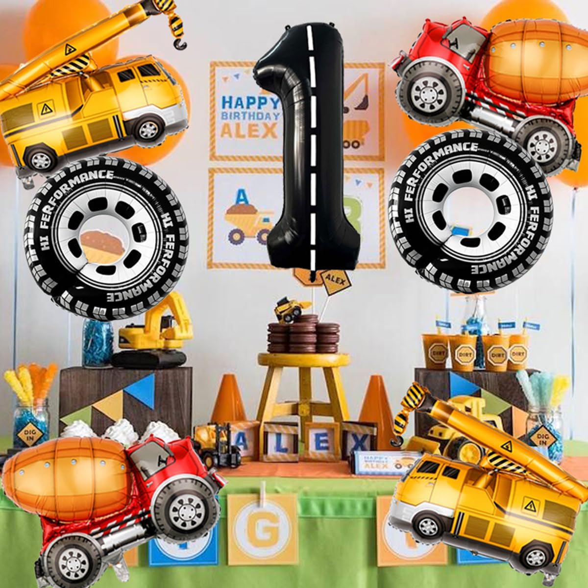 1st Birthday Decorations for Boys Construction Balloons 40inch Number 1 Balloons Truck Foil Balloon for Construction Birthday Party Decorations Supplies