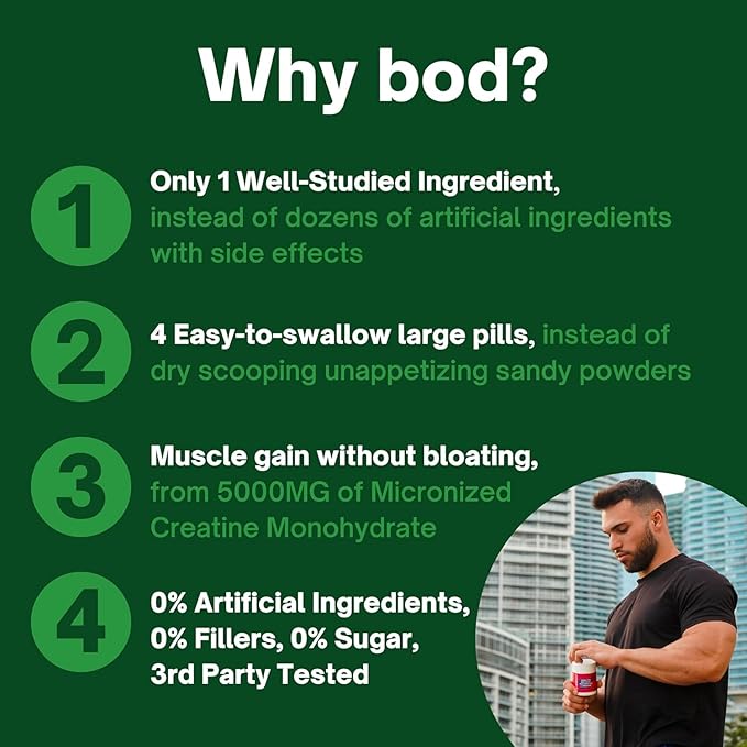 BOD Creatine Monohydrate Pills for Muscle Support, Vegan Pre or Post-Workout Creatine Capsules for Women and Men, 5g Micronized & Instantized, Creatina Monohidratada, 180 Capsules