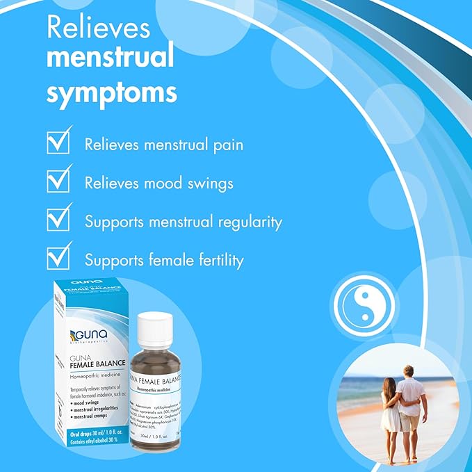 GUNA Female Balance Homeopathic Medicine Temporarily relieves Symptoms of Female hormonal imbalance, Such as Mood Swings, Menstrual Irregularities and Menstrual Cramps. 1 Ounce
