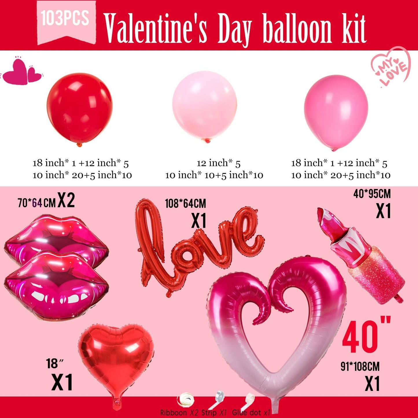 Valentines Day balloon garland arch kit with red Hot pink and love theme mylar lip heart-shaped love letter balloons for Valentines galentines Day Proposal decorations