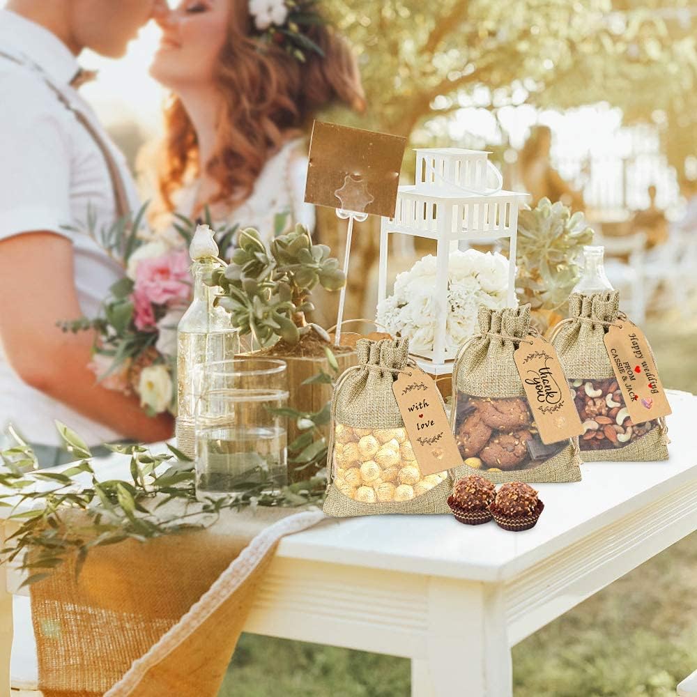 GIOIPC 20Pcs 4 x 6 Inch Linen Burlap Sheer Bags with Drawstring and Bonus Gift Tags for Wedding Birthday Bag,Craft Bags,Cosmetic Samples