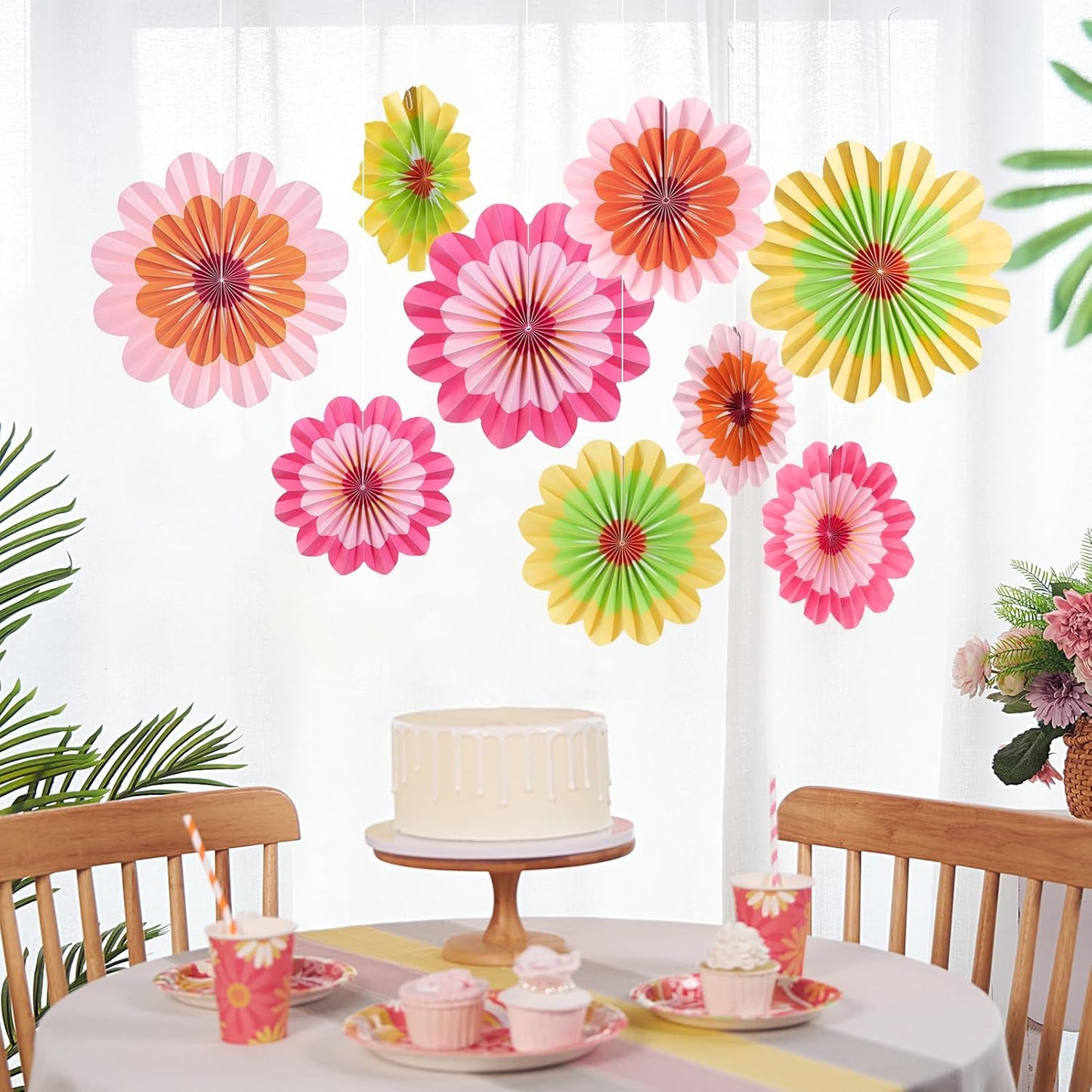 SUNBEAUTY 9 PCS Paper Flowers Decorations Hanging Carnival Paper Fans Decorations Flower Paper Fans Paper Floral Backdrop Spring Decorations