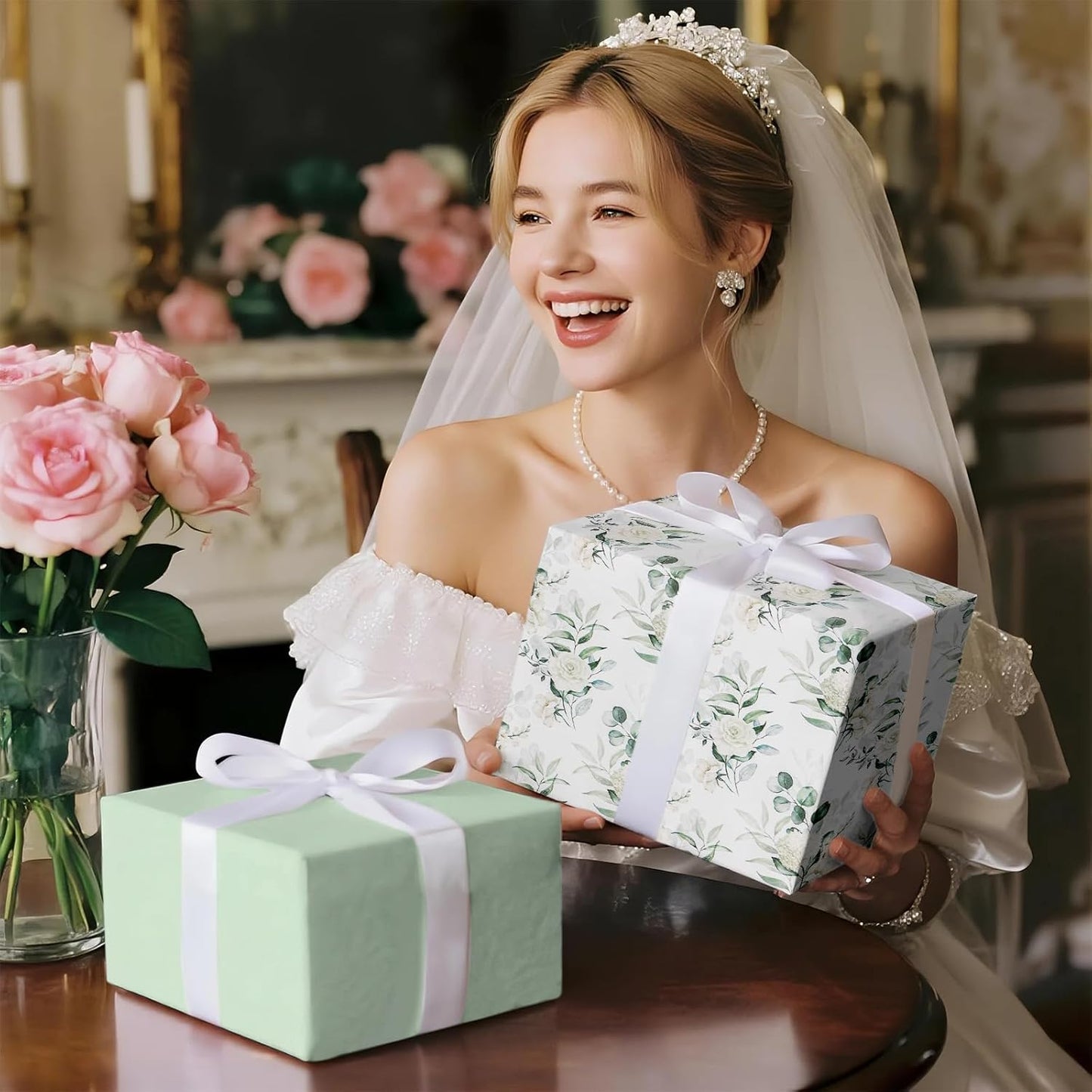 RUSPEPA Reversible Floral Wrapping Paper for Women Girls, Mini Roll, Elegant Flower Greenery and Sage Green Gift Wrap Paper for Wedding, Birthday, Bridal Shower, Mother's Day, 17 Inches x 16.4 Feet