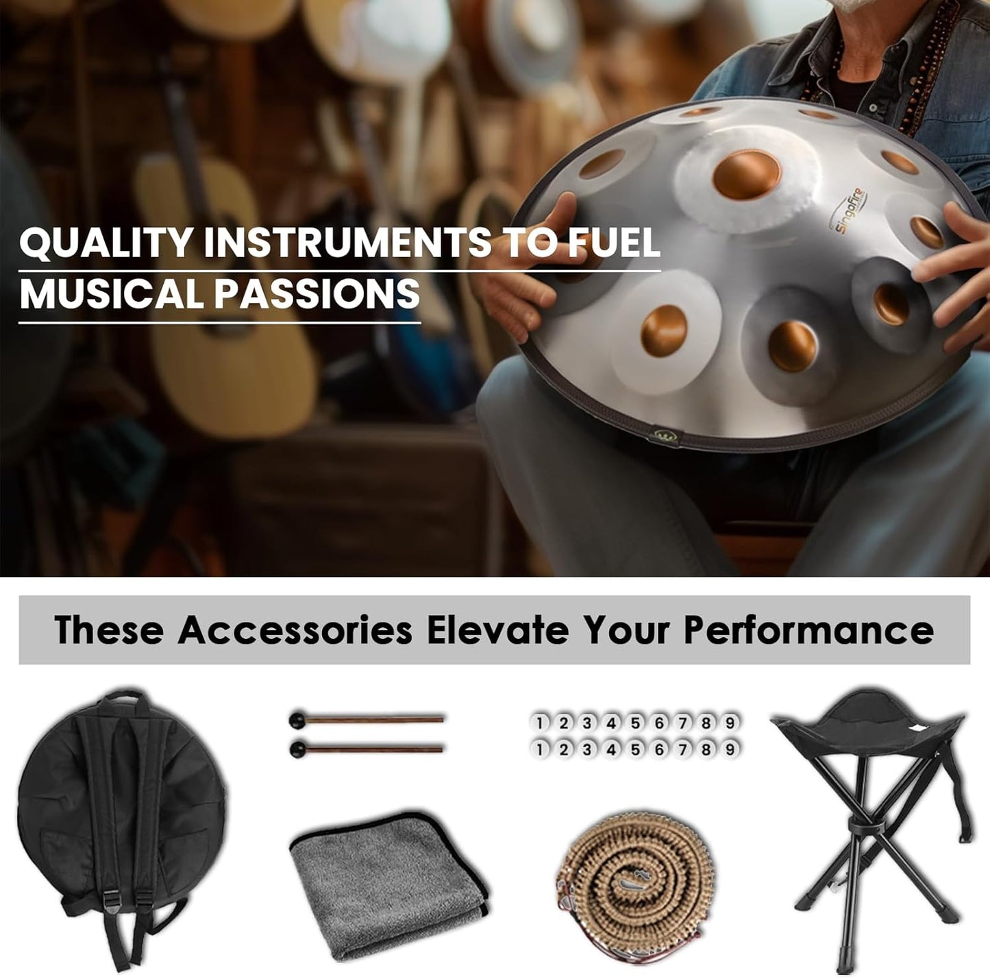 "SINGOFIRE" 9-Notes Handpan Drum, Handpan Drums for Adults, 22-Inch 440Hz D Minor Kurd Handpan, HandPan Instrument with Soft Handpan Bag, 2 Handpan Mallets, Handpan Stand and Dust-Free Cloth(Gold Eye)