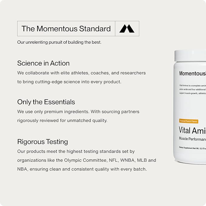 Momentous Vital Aminos Powder Supplement - BCAA & EAA - Tropical Punch - NSF Certified for Sport - GMO- & Gluten-Free - 30 Servings - Package May Vary