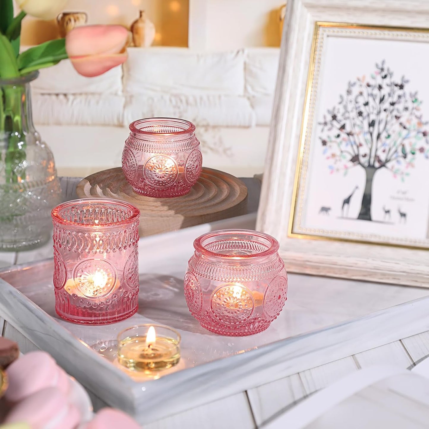 DARJEN 12Pcs Pink Votive Candle Holders - Glass Tea Light Candle Holder for Flameless LED Tea Waxes, Romantic Candle Holder for Wedding Decor, Various Parties & Dinner Table