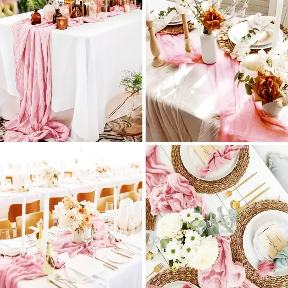 10 Pack Pink Cheesecloth Table Runner -21*120Inch Long Boho Wedding Table Decor, Rustic Gauze Fabric Runner for Bridal Showers, Baby Showers & Parties (Sheer, Lightweight, Wrinkled Design)