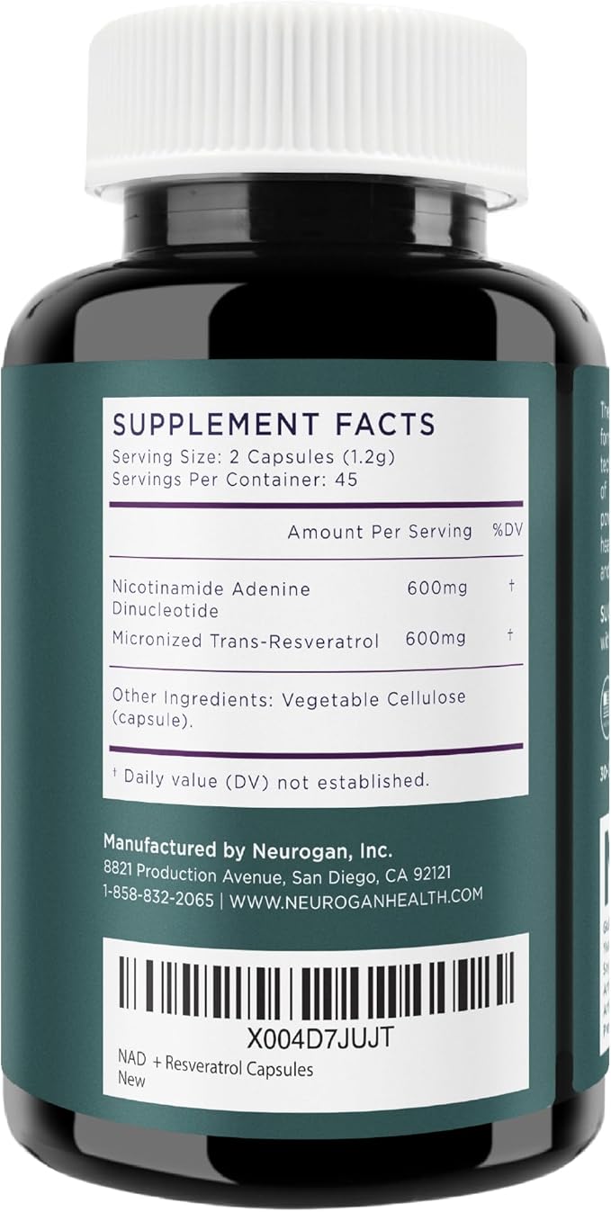 Neurogan NAD+ with Resveratrol Capsules 1:1 Ratio - 1200mg Per Serving, 90 Ct - Cellular Health & Healthy Aging Supplements, Energy & Immune Support - Nicotine Adenine Dinucleotide NAD+ Supplement