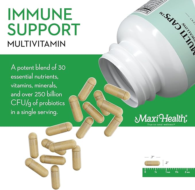 Maxi Health Multivitamin – Easy to Swallow Multi Vitamin Capsules with 30 Nutrients, Iron & Probiotics – Kosher Daily Multivitamins Small Capsules for Wellness Support & Digestive Ease (120 Units)
