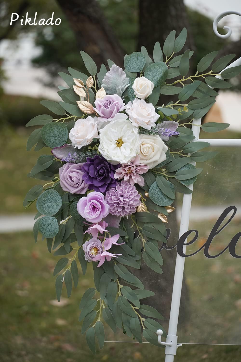 Faux Flower Swag Set of 2 for Wedding Welcome Signs Floral Swag Wedding Reception Ceremony Signs Decor (Purple)