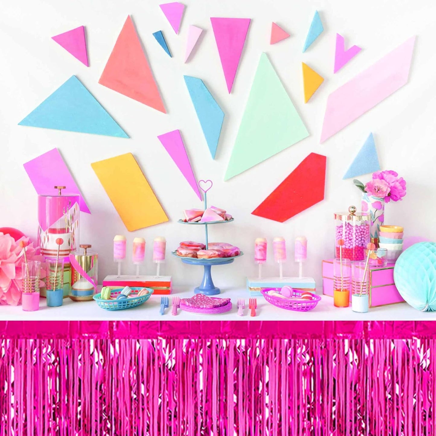 3 Pack 29 x108 Inch Fuchsia Foil Fringe Table Skirts Metallic Banner for Tinsel Streamer Garland Backdrop for Parade Floats Mother's Day, Graduate, Birthday, Wedding Party Decoration